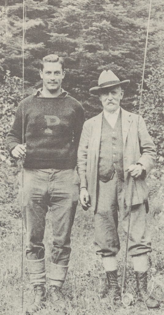Two "Compleat Anglers": LeMoyne (left) with the writer Henry Van Dyke (right), who lectured at Princeton and whom LeMoyne greatly admired. Beautiful lush trees are behind them.